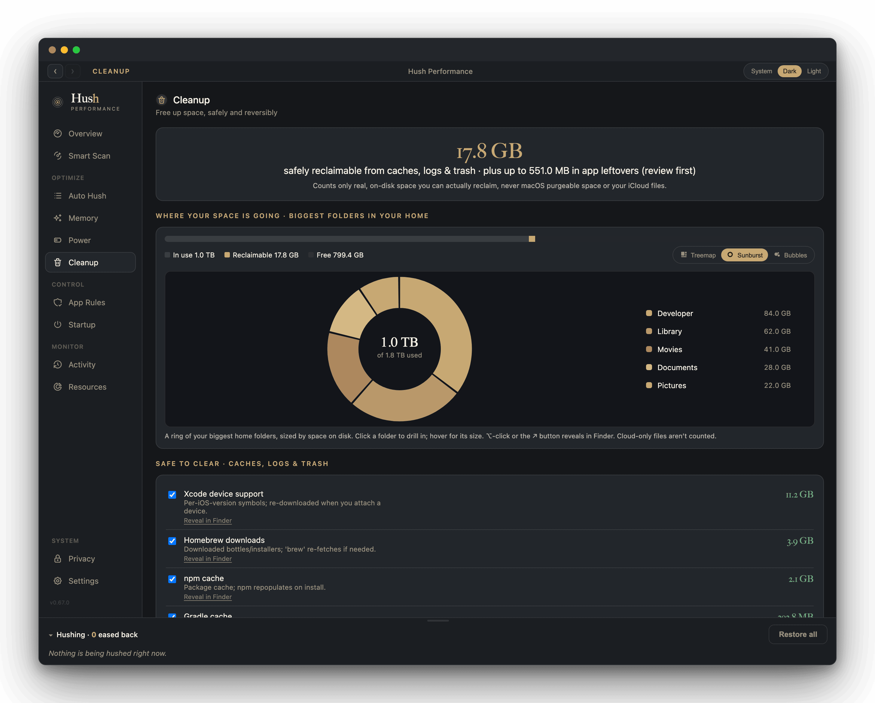 Hush Cleanup pane: 17.8 GB safely reclaimable, a gold sunburst of the biggest home folders (Developer, Library, Movies, Documents, Pictures), and a checklist of developer caches like Xcode device support, Homebrew, and npm.